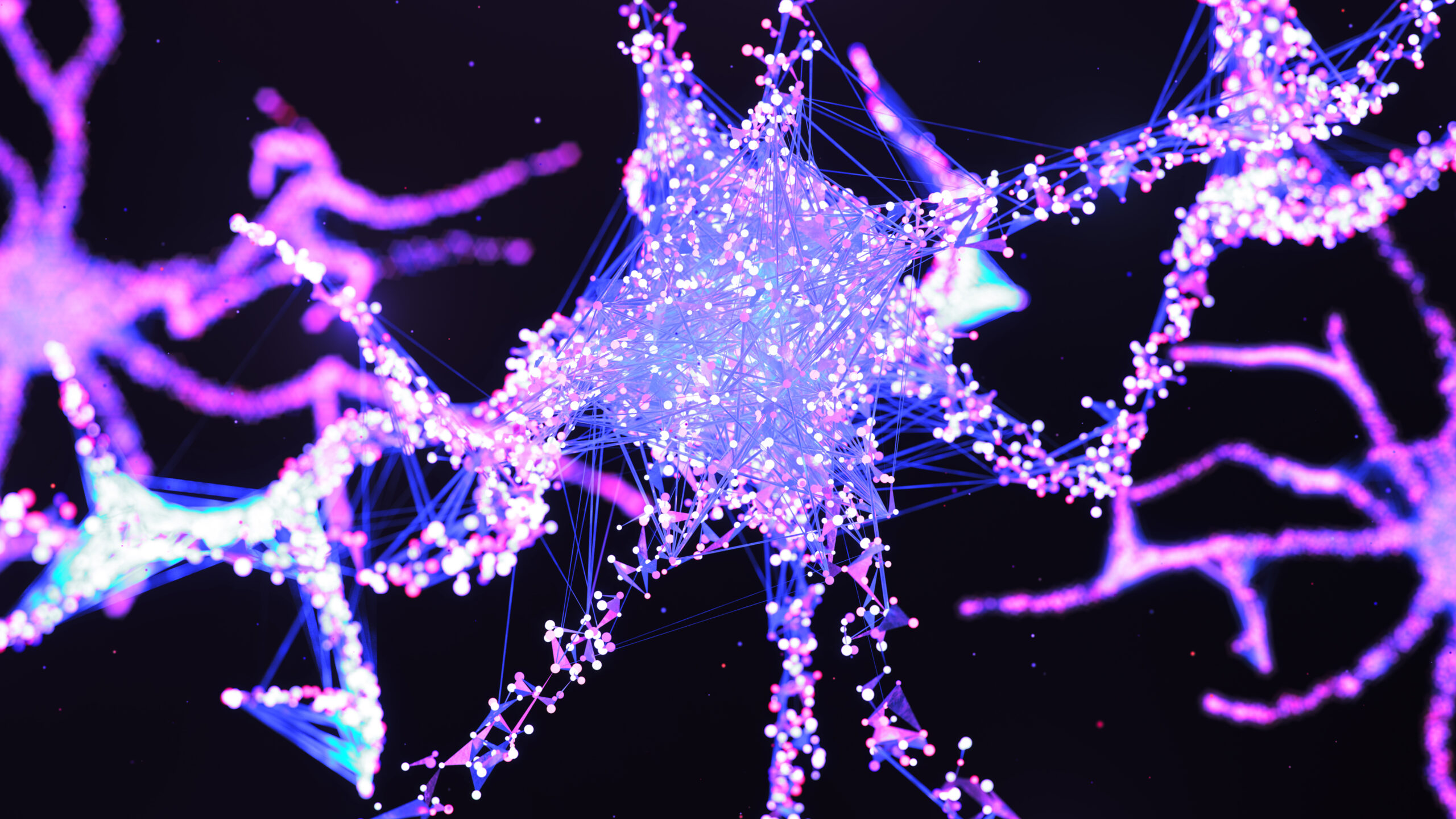 Artificial neural network with neurons in blue and purple on a dark background