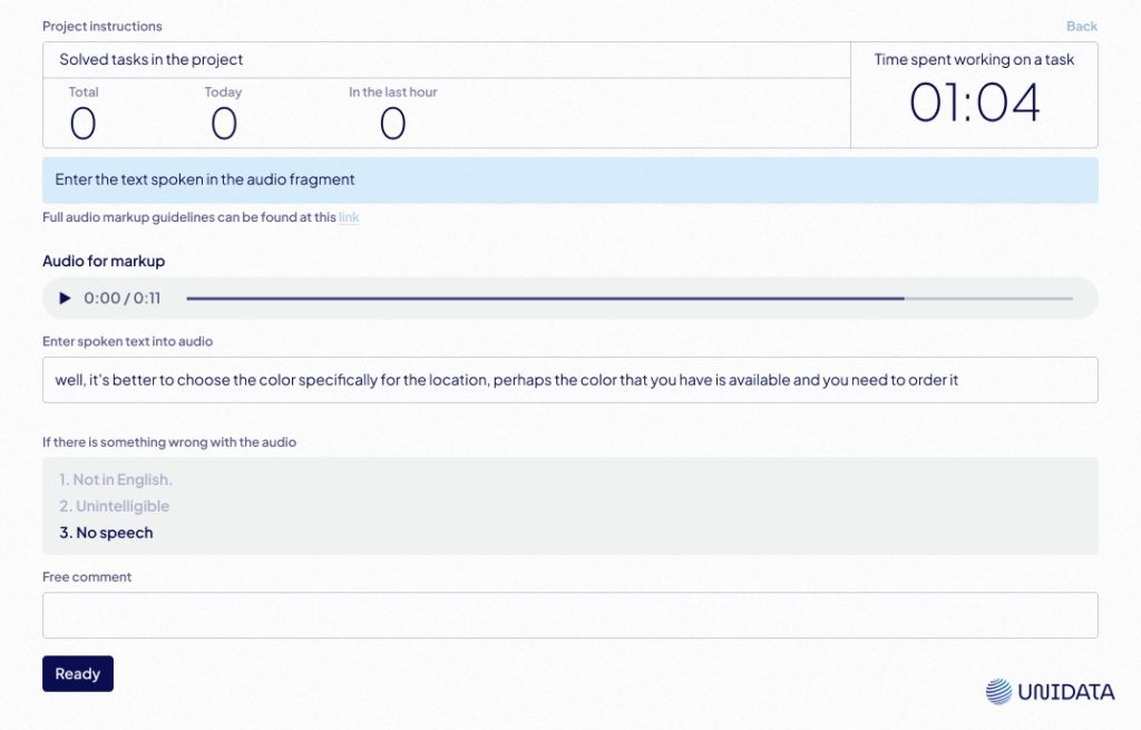 Screenshot of an audio transcription task interface showing audio playback, transcription input, issue reporting options, and task progress