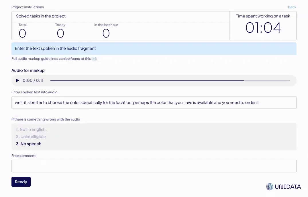 Screenshot of an audio transcription task interface showing audio playback, transcription input, issue reporting options, and task progress