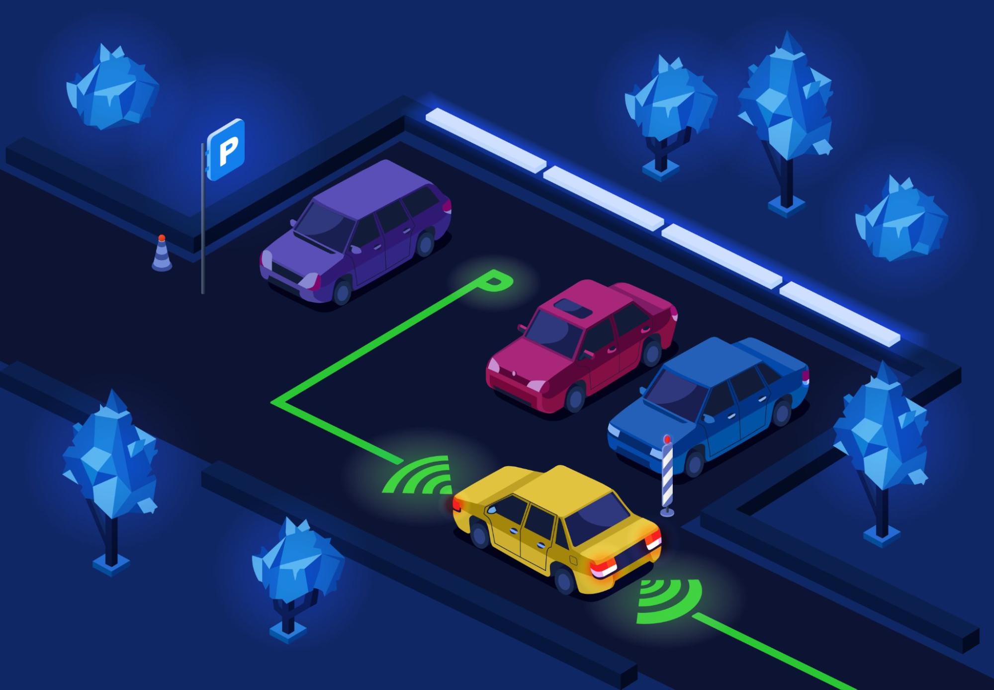 Yellow car parking with sensor guidance in a smart parking lot. Other parked cars, blue trees, and a P sign are visible