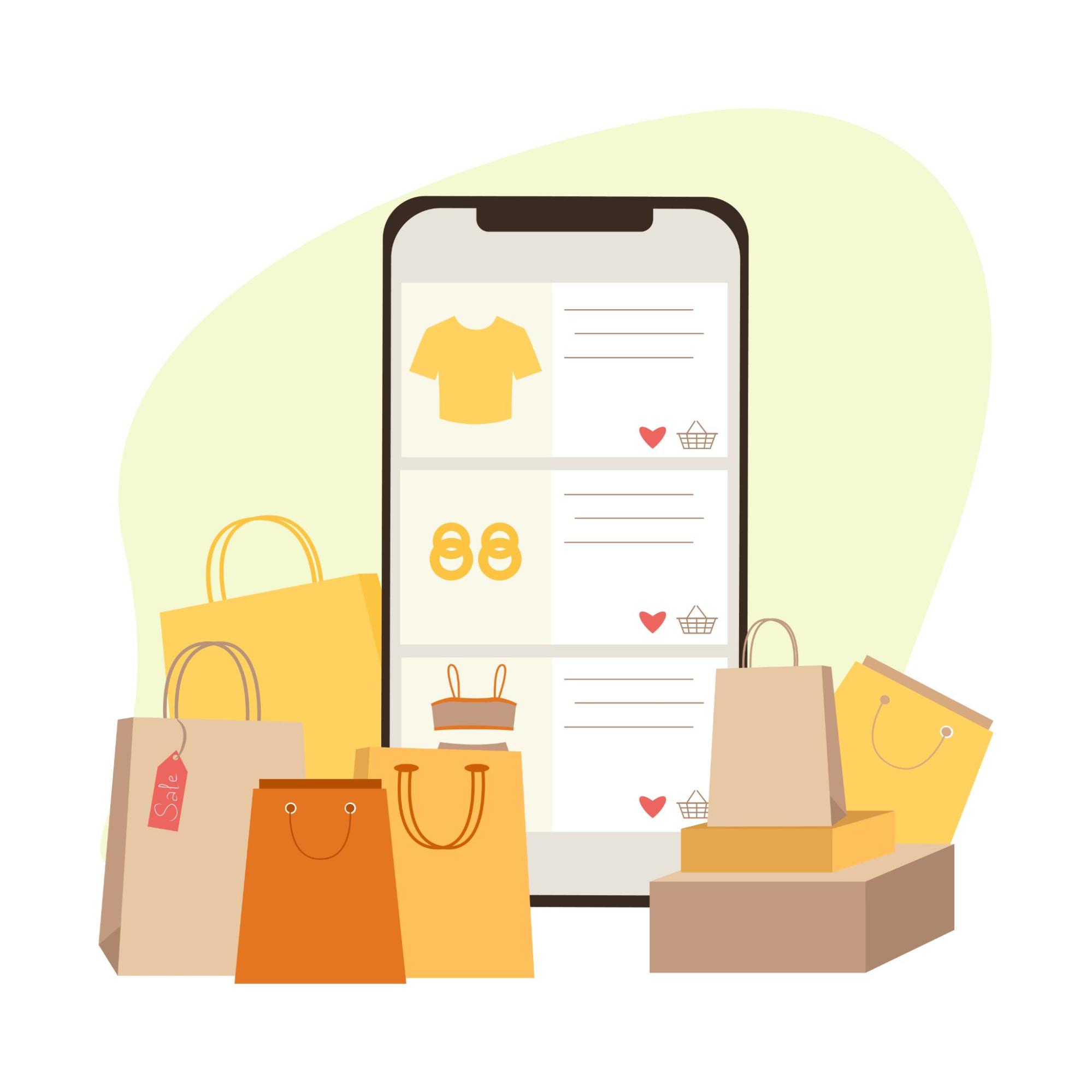 Online shopping interface on a smartphone with multiple product listings, surrounded by shopping bags and boxes