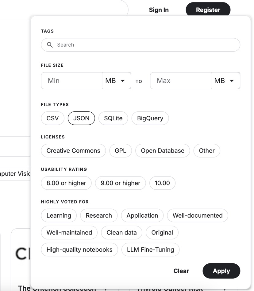 Screenshot of Kaggle Filtering Datasets