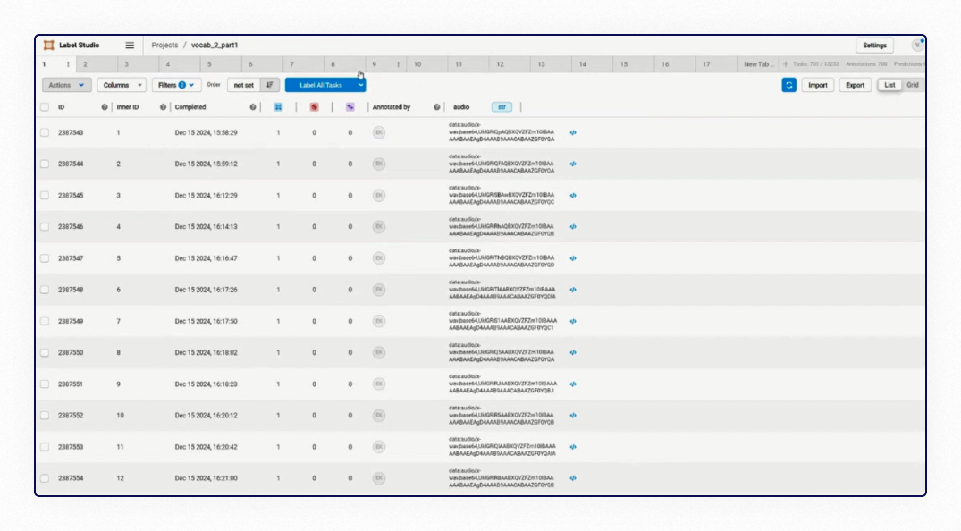 LabelStudio audio transcription window screenshot