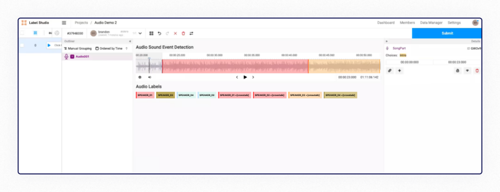 LabelStudio audio transcribing process screenshot with annotating window open