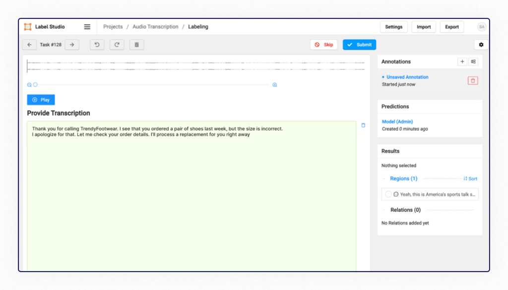 LabelStudio audio transcribing process screenshot with labelling window  