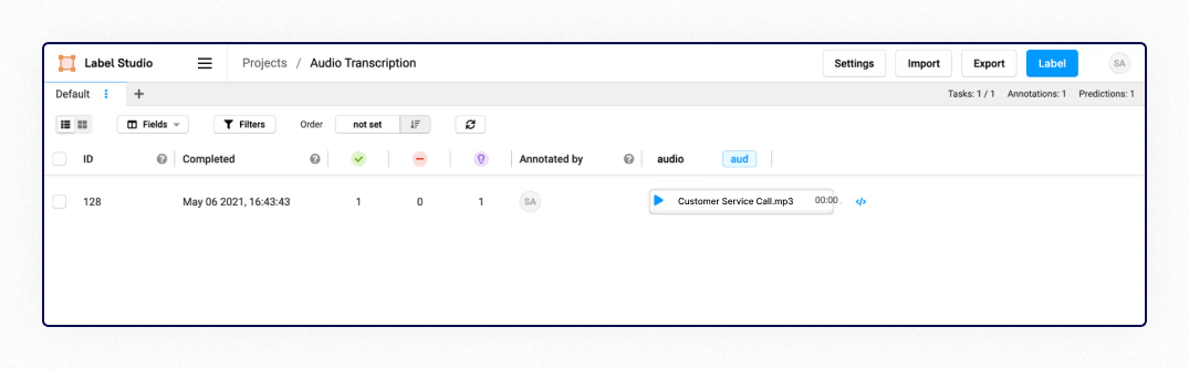 LabelStudio audio transcribing process screenshot