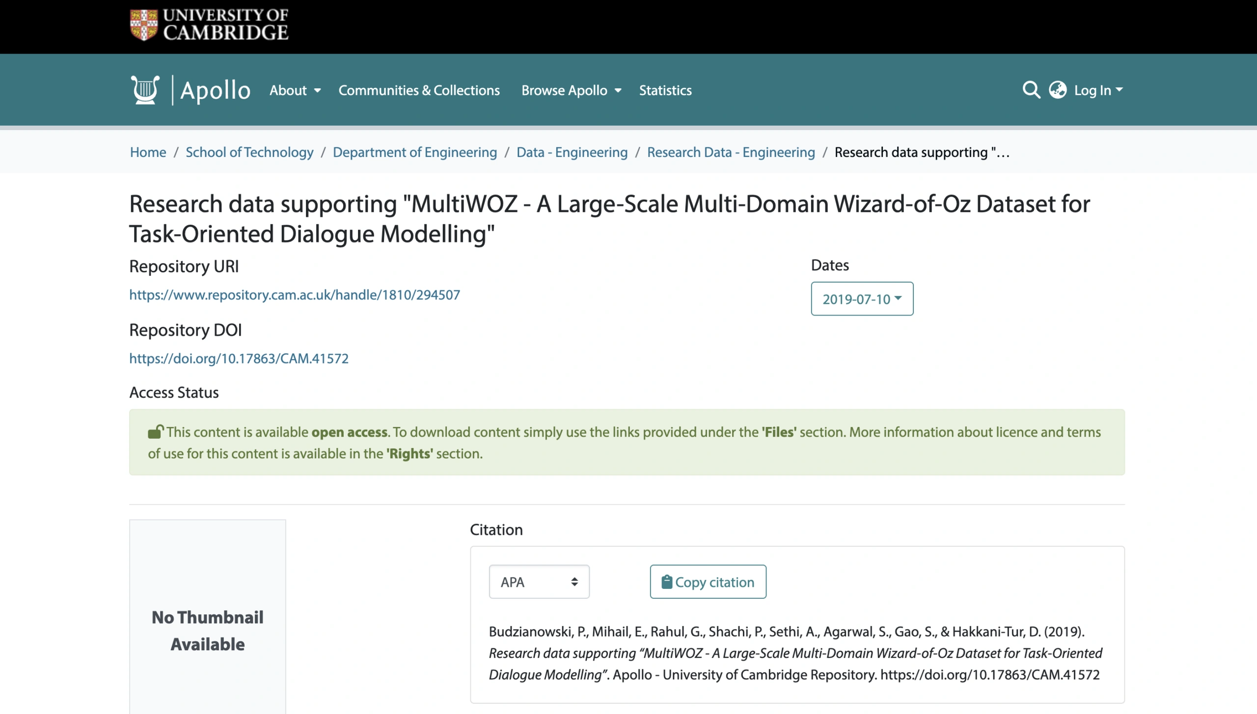 MultiWOZ Chatbot Dataset