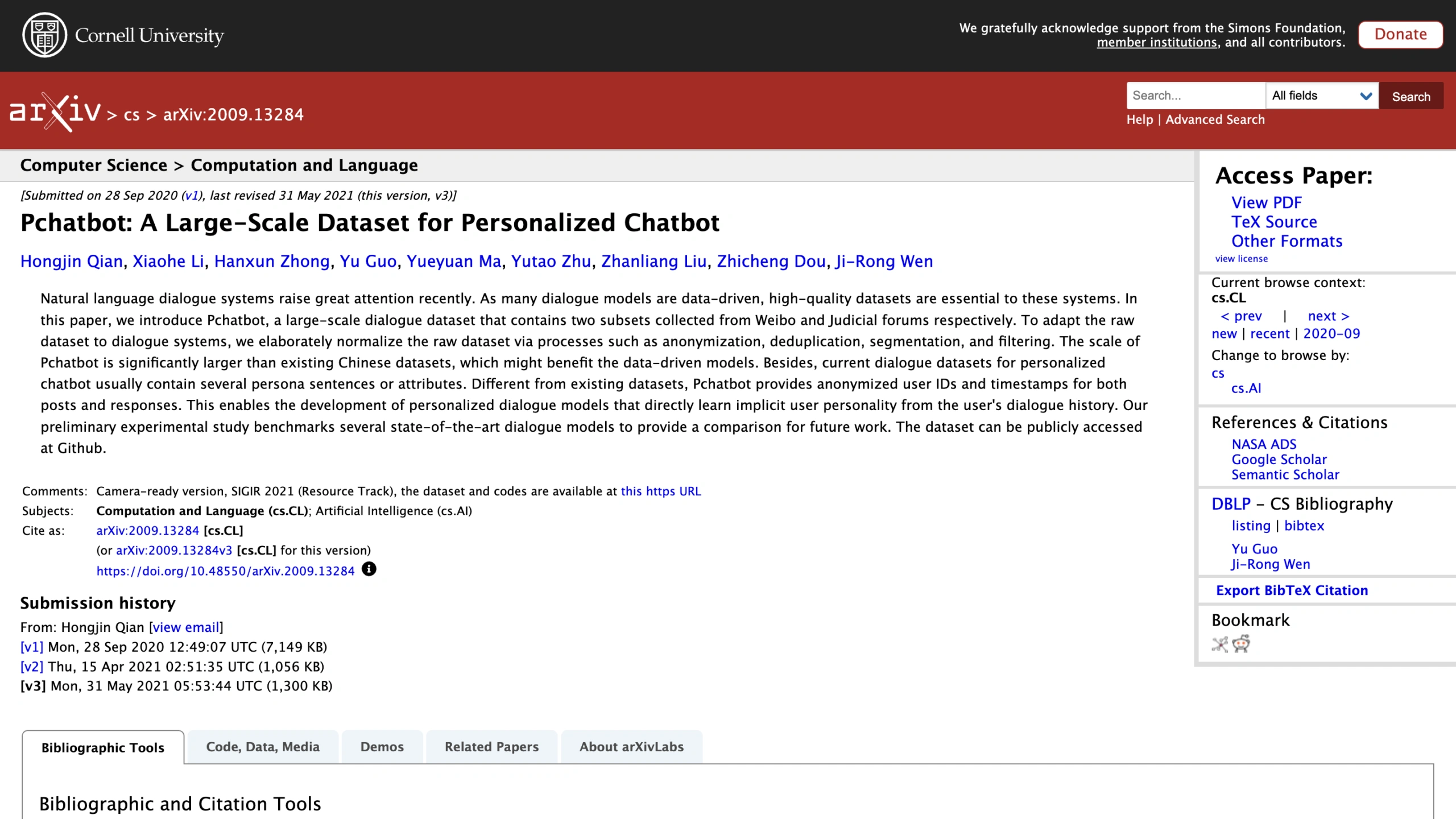 PChatbot Chatbot Dataset