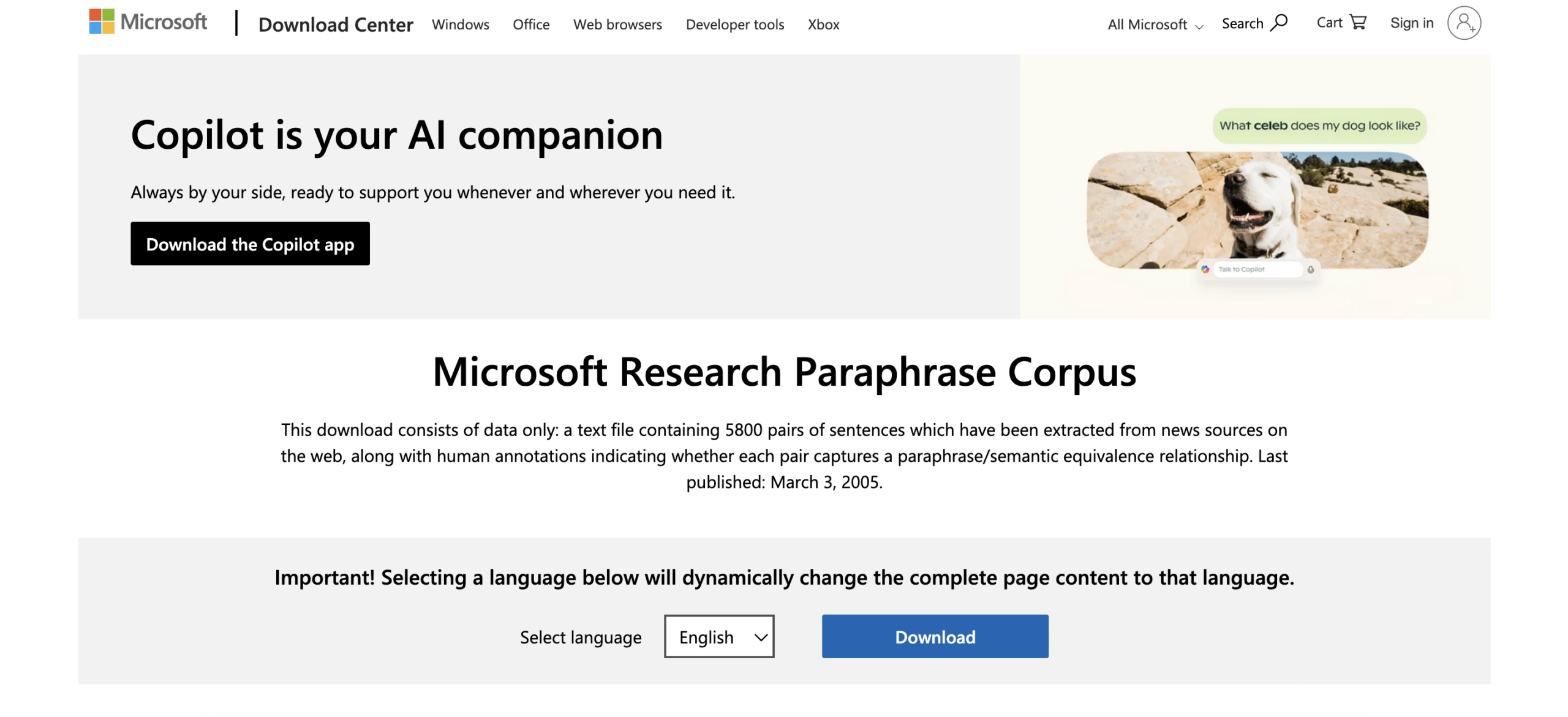 Microsoft Research Paraphrase Corpus dataset