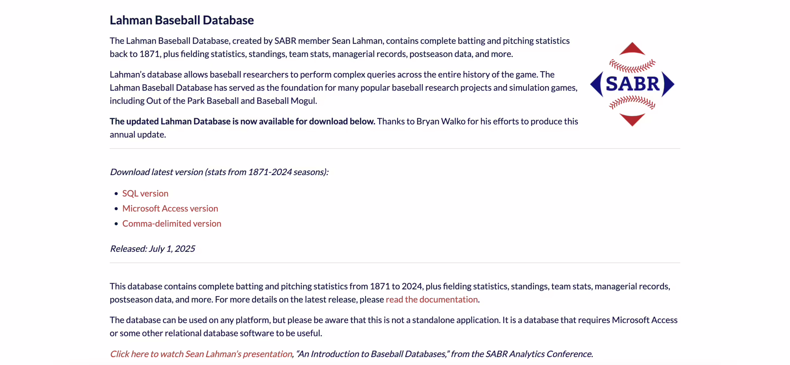 Lahman Baseball Database