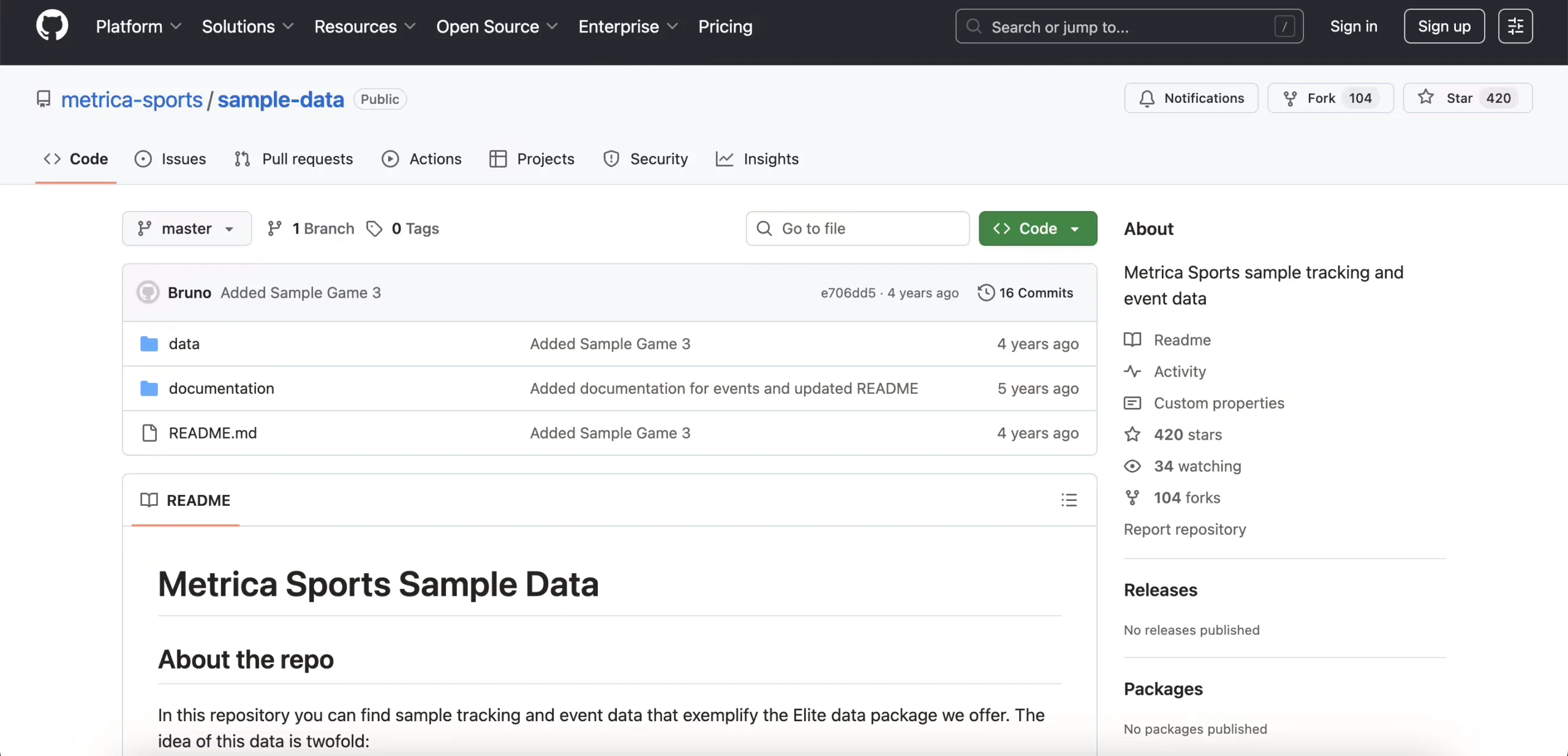 Metrica Sports Sample Data